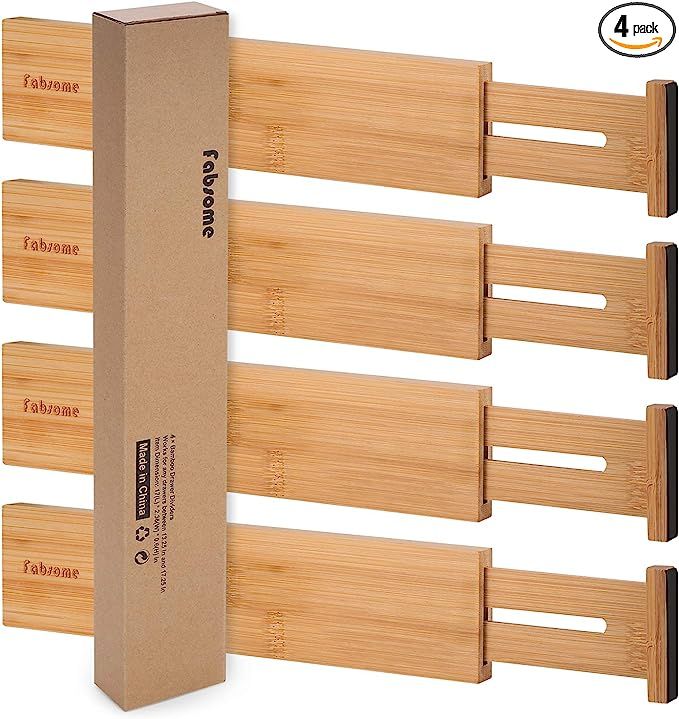 Fabsome Drawer Divider 4 Pack, Adjustable Bamboo Drawer Organizers for Clothing, Wooden Dresser D... | Amazon (US)