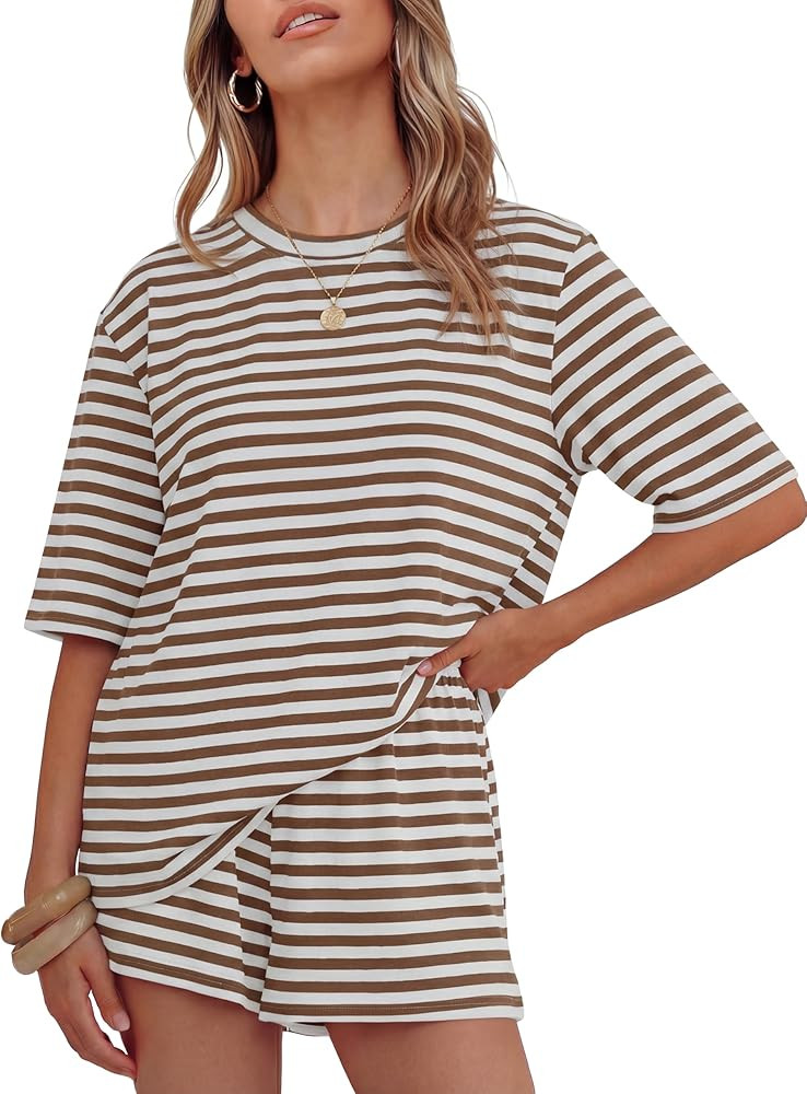 ZESICA Womens Summer 2 Piece Short Sets Striped Oversized Matching Lounge Airport Travel Workout ... | Amazon (US)