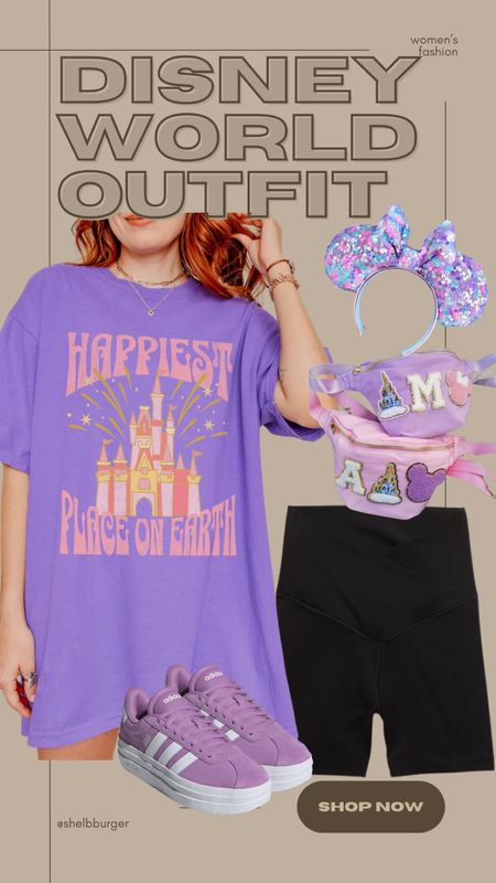 Women’s Disney World outfit

Oversized graphic tee tshirt: happiest place on earth
Purple confetti sparkly mouse ears
Crossover spandex bike shorts
Disney Fanny pack
Purple adidas VL court bold sneakers

#LTKtravel #LTKshoecrush #LTKfindsunder100