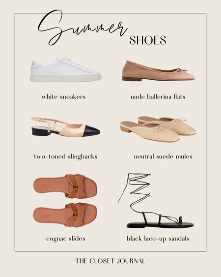 My summer shoes capsule collection (also linked some alternatives) ✔️

Sizing details (usually, I wear 39-39,5 EU)

- white sneakers (got size 9US)
- nude ballerina flats (run small, got size 40EU)
- two-toned slingbacks (got size 40EU)
- suede mules (run small, got size 41 EU)
- summer slides in a cognac (got 39EU)
- black lace-up sandals (got 39EU)
