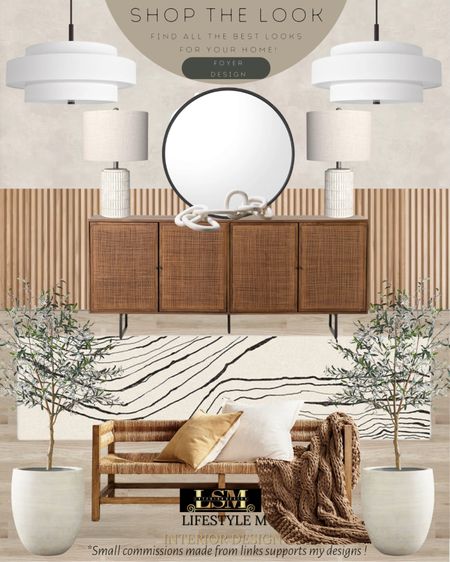 Japandi style foyer design idea. Wood cane console table, wood weave bench, brown throw blanket, round black mirror, white table lamp, chain table decor, white pendant light, white stripe runner rug, white terracotta tree planter pot, realistic faux fake olive tree.

#LTKstyletip #LTKhome #LTKFind
