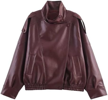 SeeLuNa Faux Leather Jacket Women High Collar Full Zip Elastic Hem Bomber Jackets Oversized Motor... | Amazon (US)