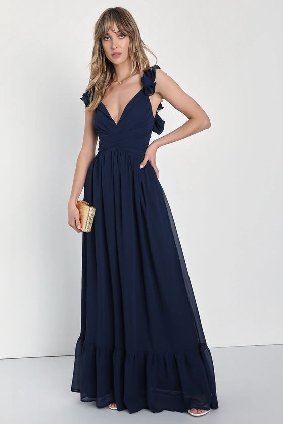 Soiree Celebration Navy Blue Ruffled Lace-Up Maxi Dress | Lulus