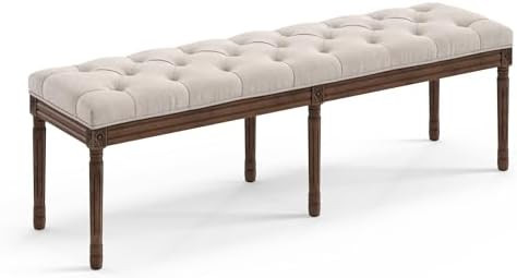LUE BONA 60" Fabric End of Bed Bench, Upholstered Tufted French Bedroom Bench with Carved Dark Br... | Amazon (US)