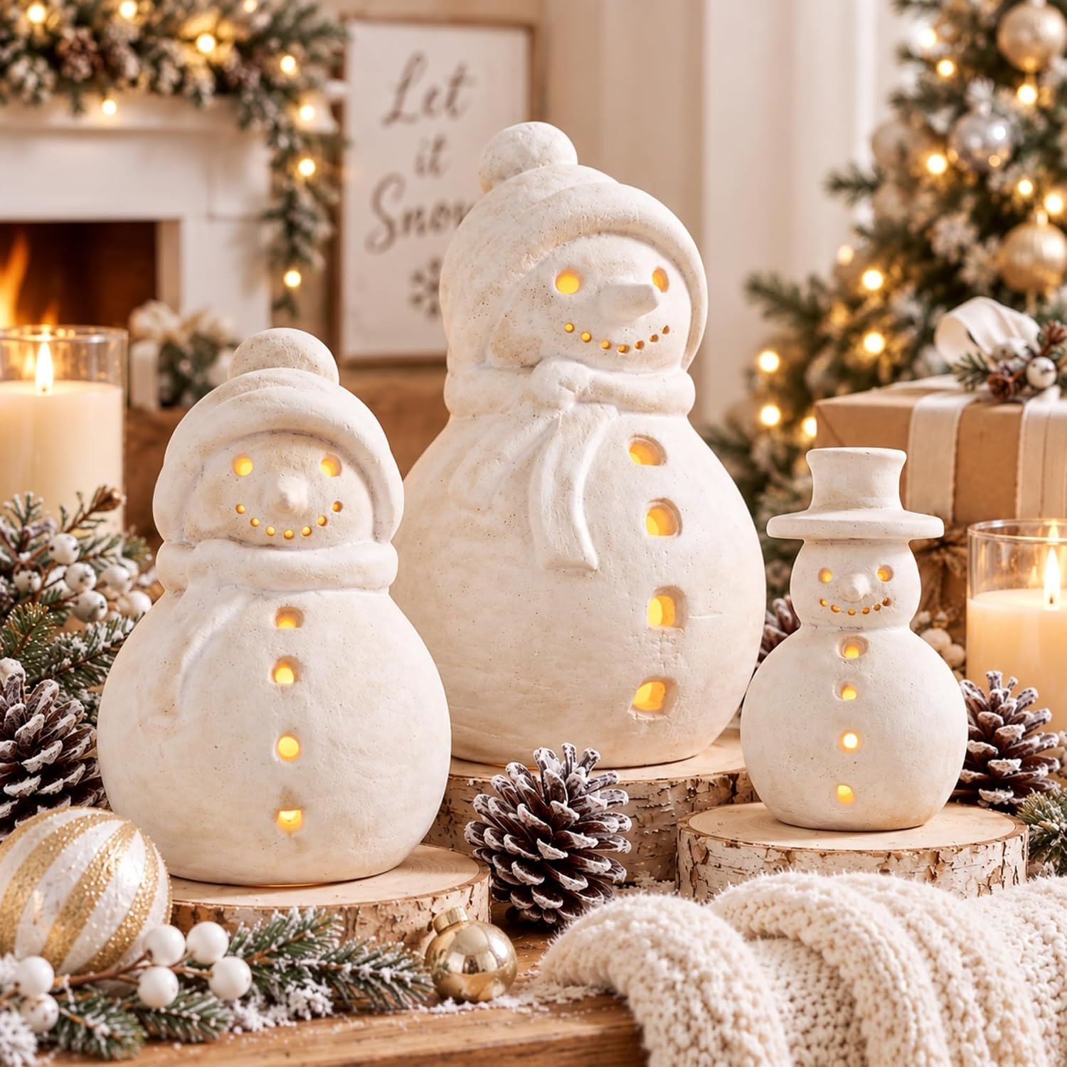Skylety 3 Pcs Rustic Terracotta Christmas LED Lighted Snowman Figurines | Amazon (US)