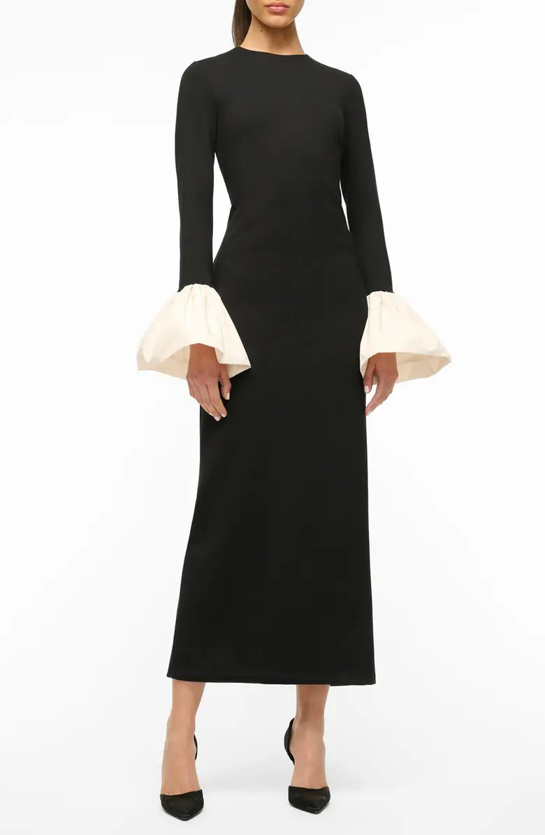 STAUD Hawthorne Contrast Ruffle Long Sleeve Sheath Gown | Nordstrom | Nordstrom