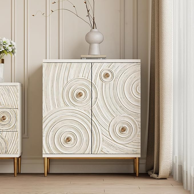 Farmhouse 2 Door Embossed Storage Cabinet with Ring Motif, Distressed Boho Storage Cabinet for Be... | Amazon (US)