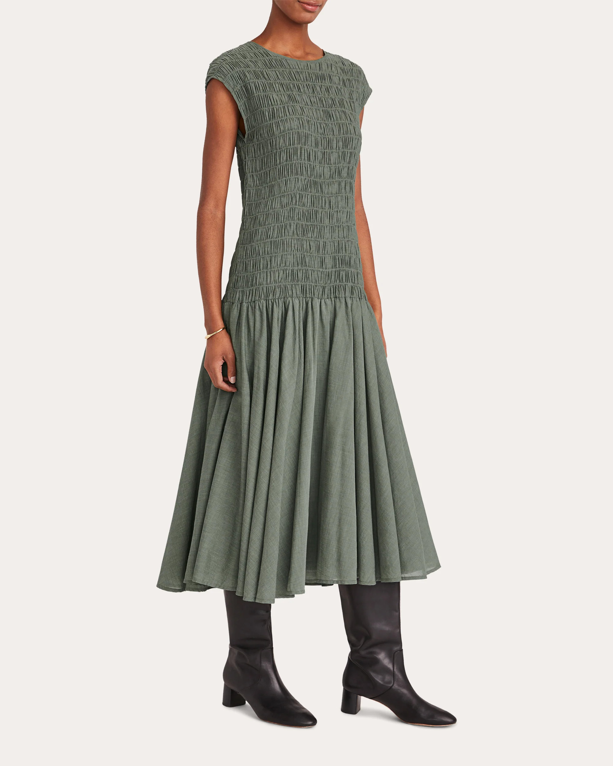 Merlette Women's Stijl Smocked Chambray Drop-Waist Midi Dress in Moss Chambray Cotton | Olivela