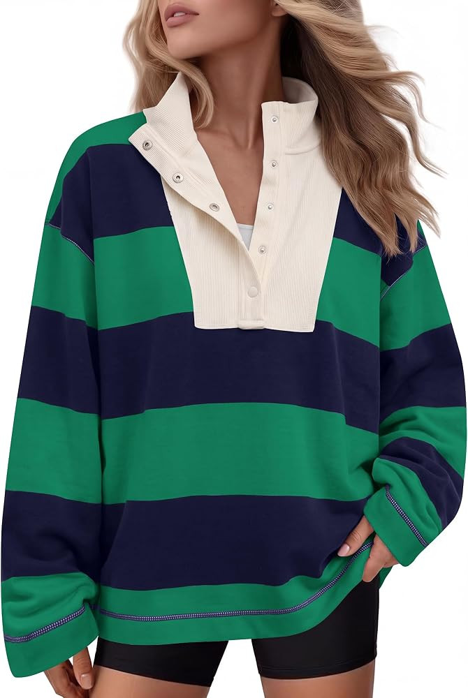 Locachy Womens Oversized Quarter Snap Striped Sweatshirt Pullover Tops | Amazon (US)