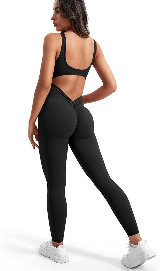 VOYJOY Women Backless Scrunch Butt Jumpsuits One Piece U-Neck Bodycon Leggings Yoga Rompers V-Bac... | Amazon (US)