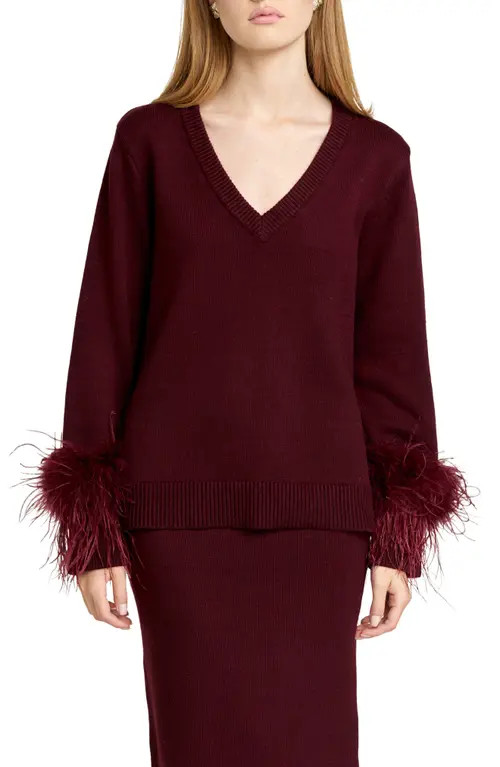 WAYF Bethany Feather Trim Sweater in Plum at Nordstrom, Size Large | Nordstrom