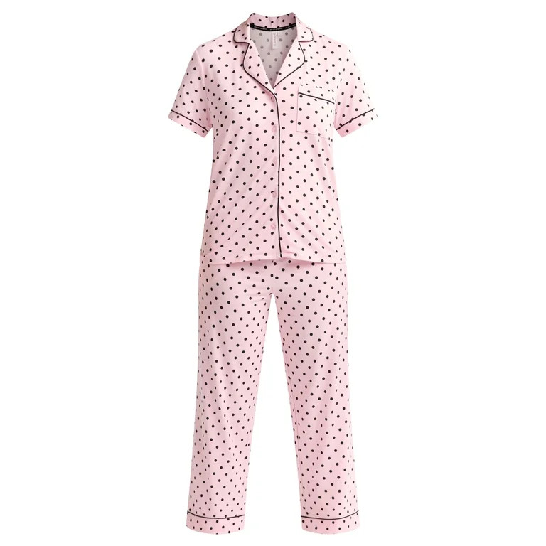 Joyspun Women's Short Sleeve Notch Collar Knit Top & Capri Pajama Set, 2-Piece, Sizes XS-3X | Walmart (US)