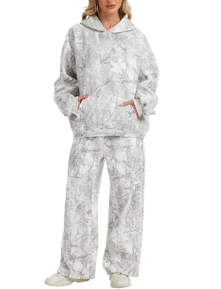 Womens 2 Piece Sweatsuits Fall Outfits Oversized Camo Hoodie Wide Leg Sweatpants Travel Lounge Ma... | Amazon (US)