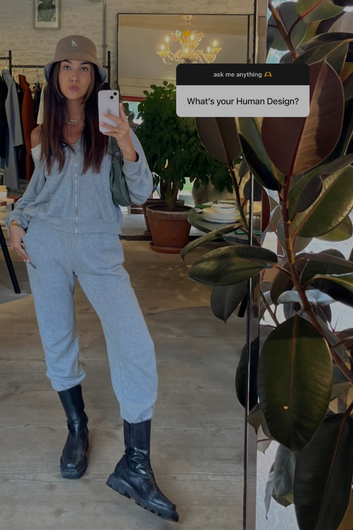 🐭 (generator btw) - fave comfy sweat set - adanola grey zip up sweater and grey straight leg sweatpants + black leather alohas combat boots + vintage kangol taupe bucket hat + vintage khaki green gap nylon baguette bag 