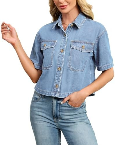 Kedera Womens Crop Denim Shirt Short Sleeve Button Down Short Jean Jacket Trendy Jean Tops Shacke... | Amazon (US)