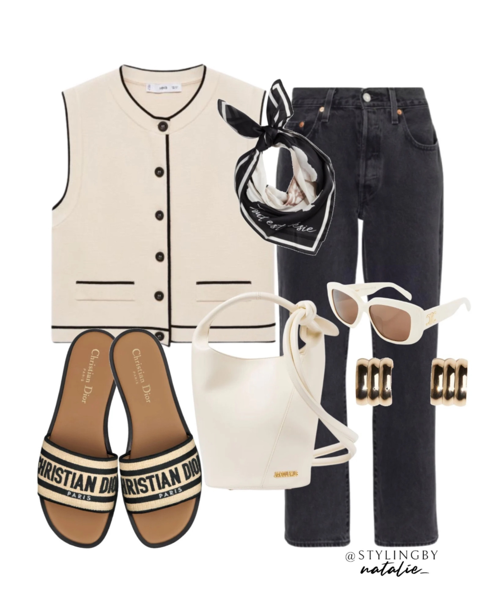 Knit waistcoat, black jeans, Dior slides, jacquemus bag, black necktie scarf, celine sunglasses, gold earrings. 
🏷️Summer outfit, casual chic, neutral style.

#LTKshoes #LTKstyletip #LTKeurope