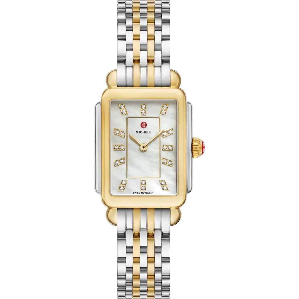 MICHELE Deco Courbe Diamond & 18K Gold Plate Bracelet Watch, 26mm x 32mm in Two Tone at Nordstrom | Nordstrom