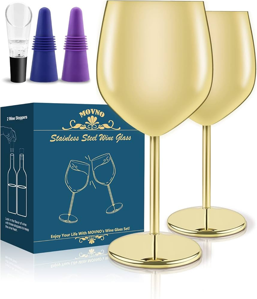 MOVNO 2 Pack Stainless Steel Wine Glass with 2 Wine Stoppers and 1 Wine Aerator Pourer, Unbreakab... | Amazon (US)