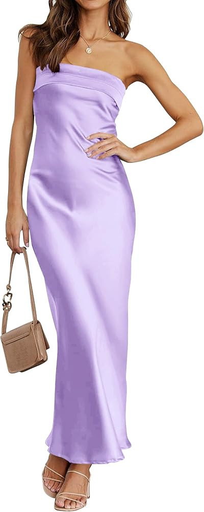MEROKEETY Women 2025 Summer Strapless Satin Tube Bodycon Backless Wedding Guest Maxi Dress | Amazon (US)
