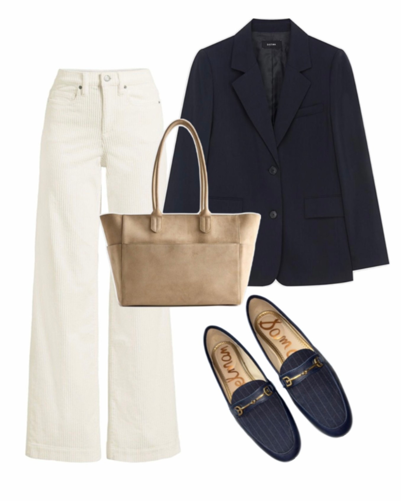 Navy blazer, cream wide leg jeans, navy loafers, navy and cream outfit, elevated chic outfit, casual outfit idea 