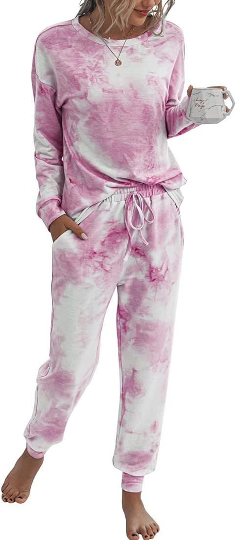 PRETTYGARDEN Women's Tie Dye Two Piece Pajamas Set Casual Long Sleeve Sweatshirt with Long Pants ... | Amazon (US)