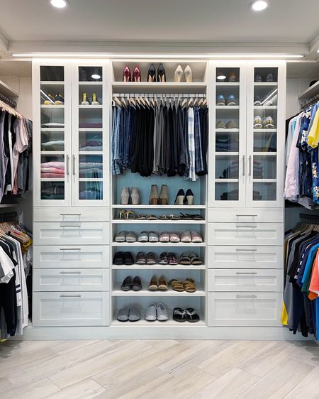 Their new custom closet is off the primary bedroom and doesn’t have a door. The objective was space planning to make the best use of space based on their types / volume of clothing, but also to help keep it maintainable since there isn’t a door.

Looks so pretty! And these hangers are stunning!

#LTKhome #LTKstyletip