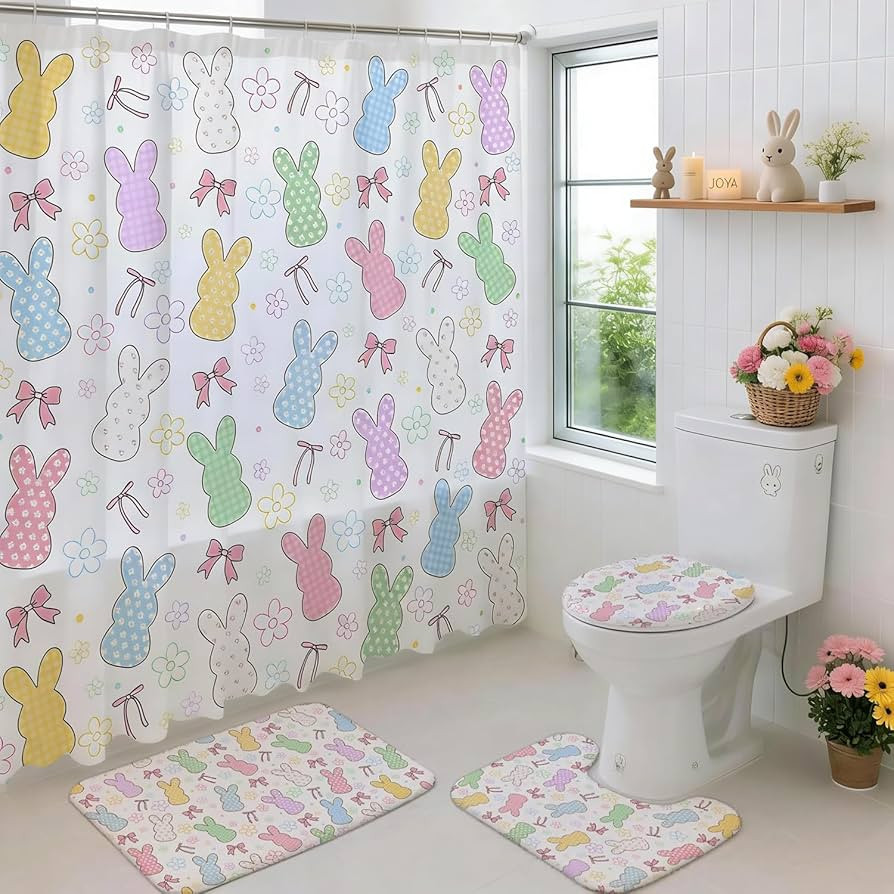 Mocsicka Easter Bunny Shower Curtain Set for Bathroom, Bows Rabbits Floral Easter Spring 4Pcs Bat... | Amazon (US)