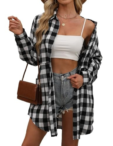 HOTOUCH Womens Flannel Plaid Shackets 2024 Long Sleeve Buffalo Shirts Tops Fashion Checkered Fall Clothes with Pockets | Amazon (US)