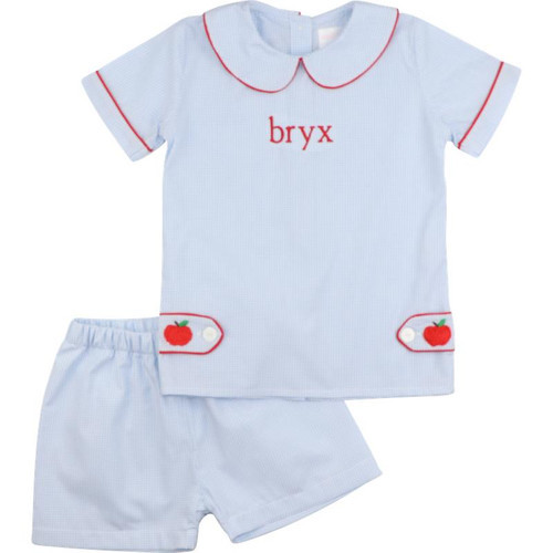 Blue Gingham Embroidered Apple Tab Short Set | Cecil and Lou