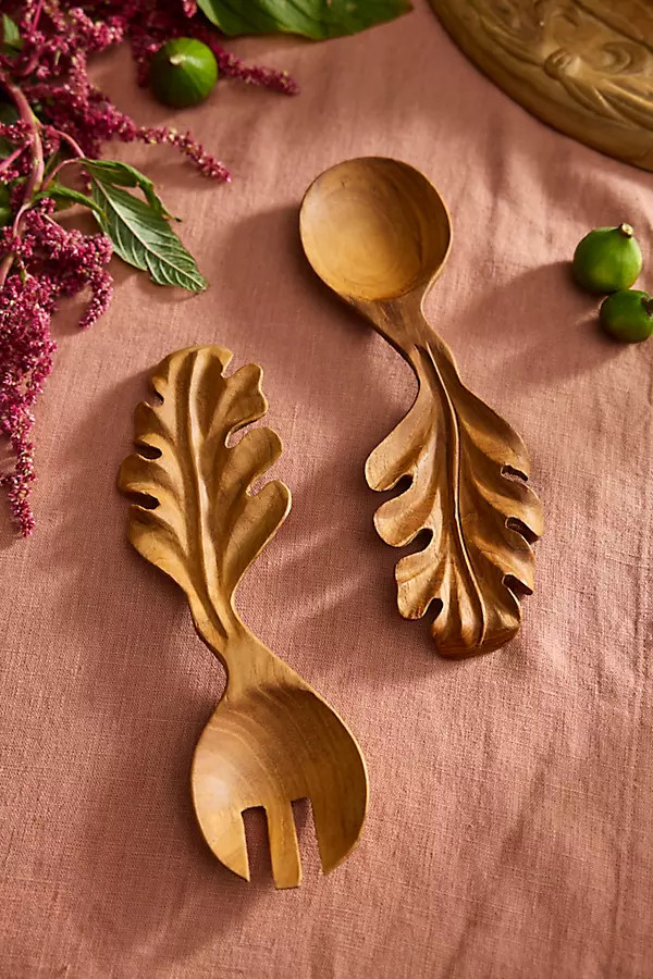 Oak Leaf Teak Serving Utensil Set | Anthropologie (US)