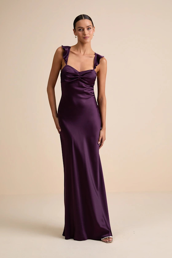 Exuberant Luxury Plum Purple Satin Ruffled Lace-Up Maxi Dress Plum Dress Long Purple Dress | Lulus