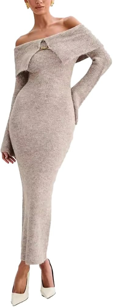 Womens Off The Shoulder Knitted Long Dress Fall Winter Long Sleeve Party Club Bodycon Sweater Max... | Amazon (US)