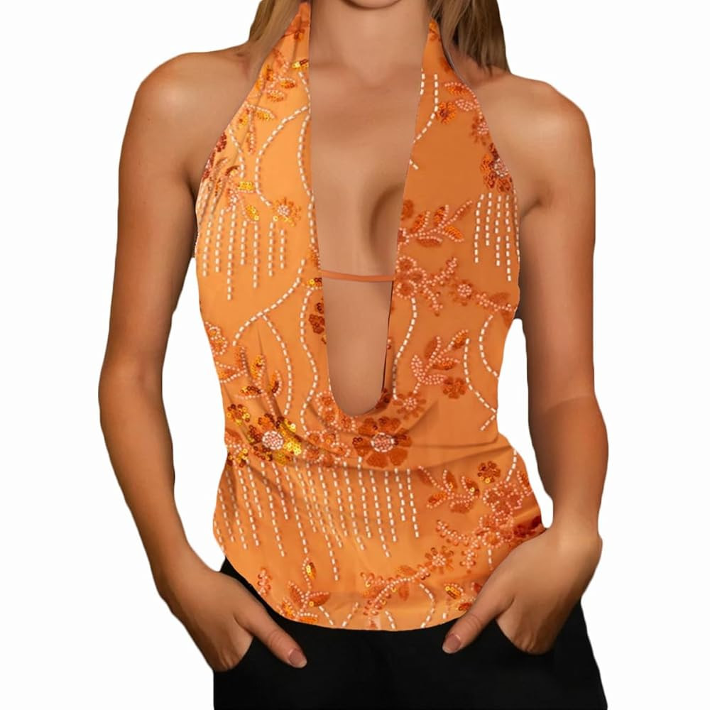 Sequin Halter Backless Crop Top for Women Y2K Sparkly Glitter Sleeveless Vest Deep V-Neck Beach V... | Amazon (US)