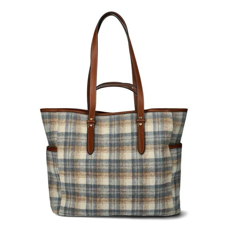 Time and Tru Women's Plaid Double Handle Large Tote Bag, Brown | Walmart (US)