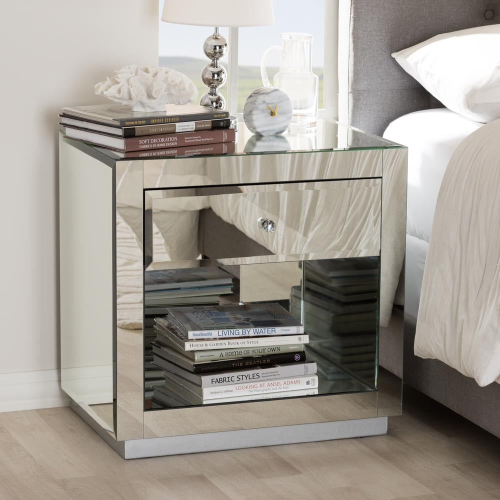 Baxton Studio Melanie 1-Drawer 1-Shelf Silver Metallic Nightstand, ""Silver"" Mirrored | The Home Depot