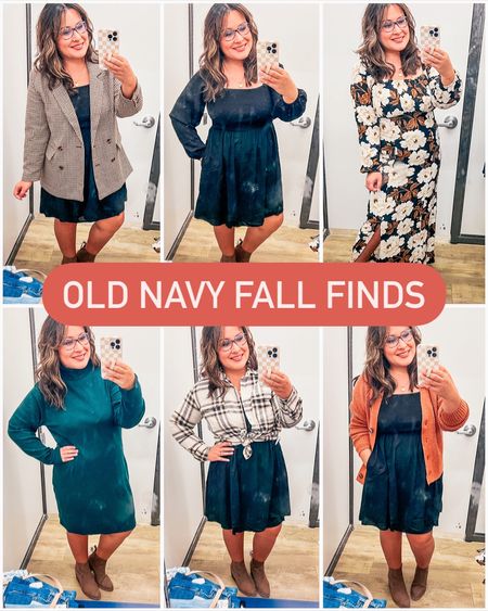 Loving these fall finds at old navy!!! Wearing my normal size M in blazer (fits oversized.) wearing L in black dress. Wearing L in floral dress (Fits snug.) sized up to an XXL in the green sweater dress cuz it runs super fitted and body con. Wearing S in the plaid flannel shirt, but def needed a M. Wearing M in the button front cardigan TTS. Old navy style. Old navy fashion. Old navy fall. Fall outfits. Fall fashion. Teacher style. 

#LTKmidsize #LTKworkwear #LTKfindsunder50