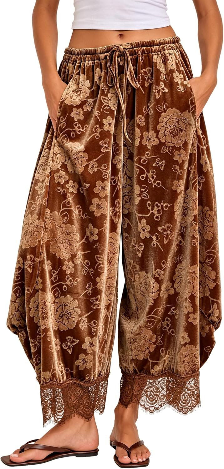Womens Velvet Cropped Lace Hem Pants Floral Print Wide Leg Pants | Amazon (US)