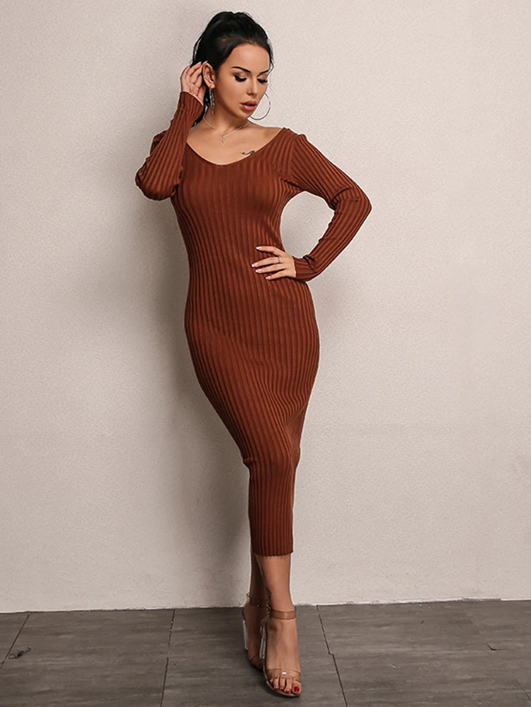 Joyfunear Double V Neck Rib Knit Dress | SHEIN