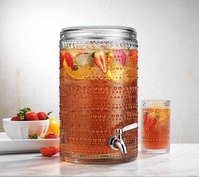 Glavers 2 Gallon Beverage Dispenser Clear Glass Hobnail Beaded Jug, Tight Lid, Side Press Stainle... | Amazon (US)
