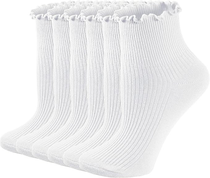 NORMOV 6 Pairs Cute Ruffle Socks For Women,Cotton Crew Frilly Ankle Socks,Lace Casual Boot Socks | Amazon (US)