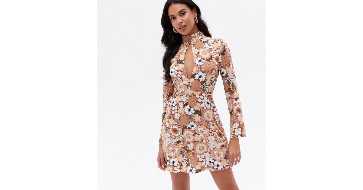 Urban Bliss Brown Floral Keyhole High Neck Mini Dress
						
						Add to Saved Items
						Remov... | New Look (UK)
