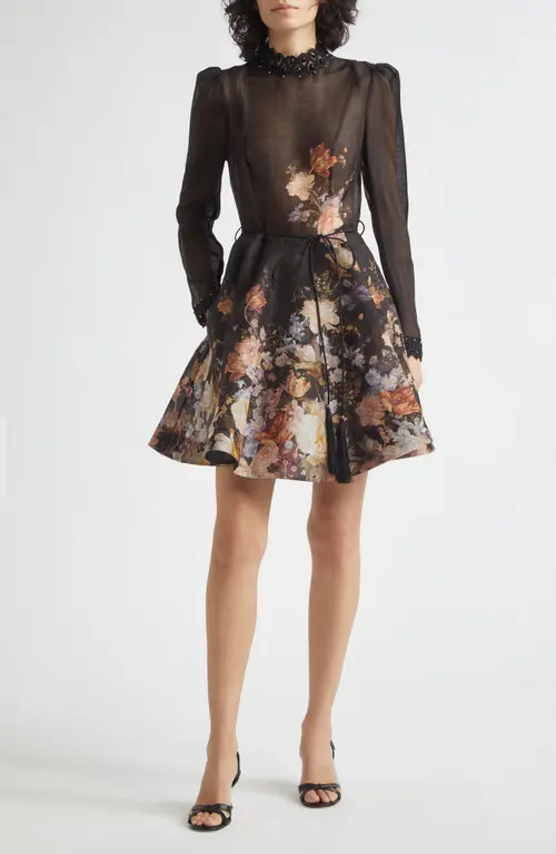 Zimmermann Valiant Embellished Floral Long Sleeve Linen & Silk Organza Dress in Black Floral at Nordstrom, Size 0 | Nordstrom