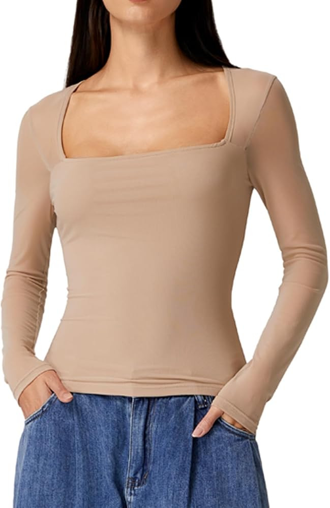 QINSEN Womens Square Neck Long Sleeve Mesh Sheer Top Double Lined Going Out Basic Shirt | Amazon (US)