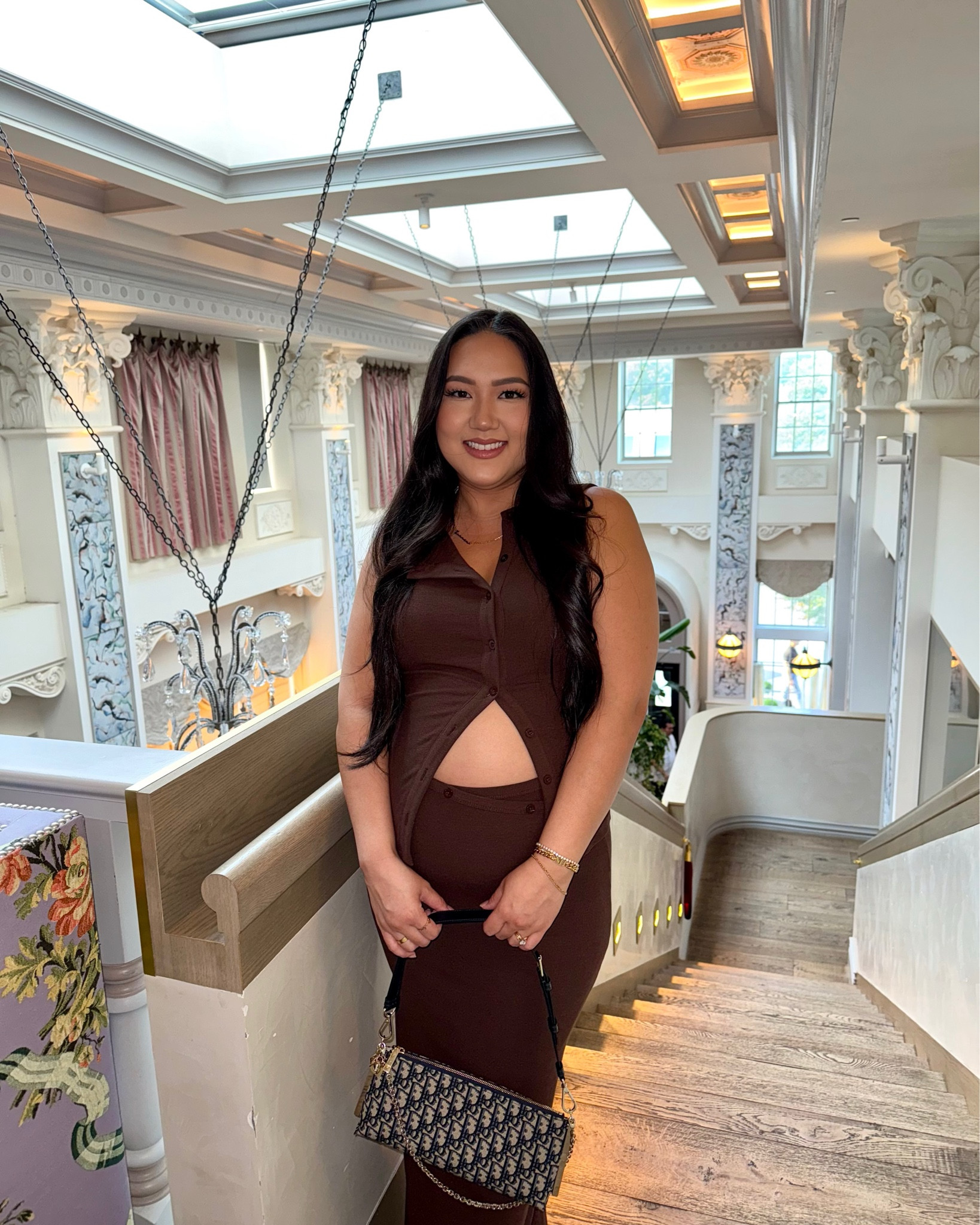 Bumpin in non-maternity clothes is my latest adventure 😂 if I can wear after pregnancy, I’m buying it lmao and this stretchy set from @showpo is sooo comfortable, flattering and sexy all in one. 6 months pregnant and I was so comfy all night!! My bag is the latest find from @keeksdesignerhandbags and I’m so obsessed. The size is perfect, the chain is so cute, love love love! This bag will be available in two weeks to purchase! Use code NICKIE for $$ off!