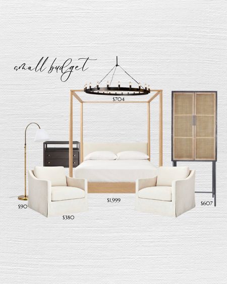 Splurge or save. Splurge vs steal. Canopy bed. Accent chair. White accent chair. Bedroom chair. Lounge chair. Tall cabinet. rattan cabinet. Black nightstand. Wide nightstand. Round wheelbarrow chandelier. Rustic table lamp. Brass floor lamp. Brass sconces. Modern sconces. Bedroom design.#LTKFind

#LTKhome #LTKsalealert