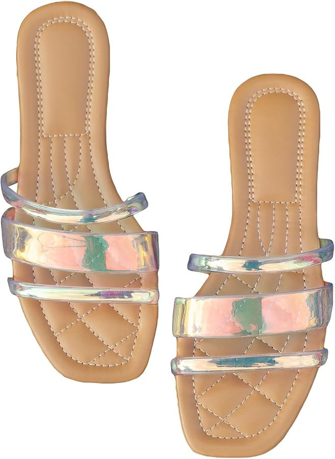 GORGLITTER Women's Clear Strap Flat Sandal Metallic Square Toe Slides Sandals | Amazon (US)