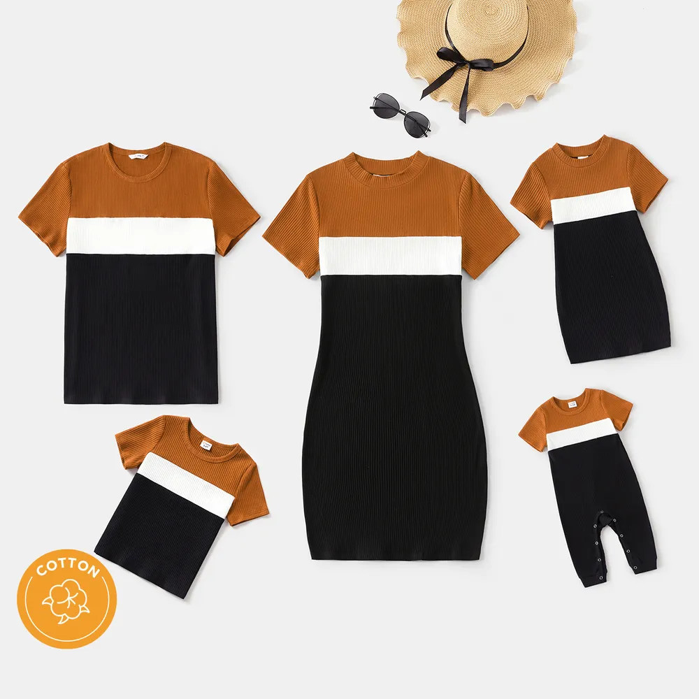 Family Matching Cotton Short-sleeve Colorblock Rib Knit Mock Neck Bodycon Dresses and Tops Sets | PatPat
