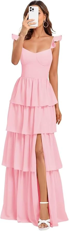 Tiered Ruffles Bridesmaid Dresses 2026 for Women Chiffon Formal Evening Dresses with Slit GR011 | Amazon (US)