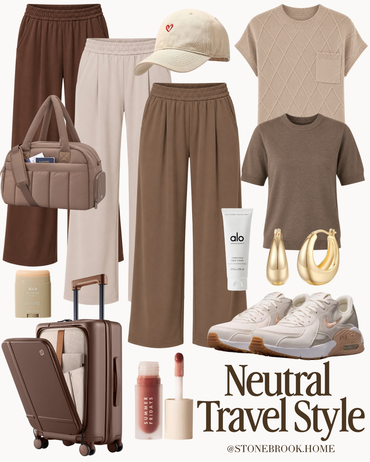 Travel Outfit, Airport Outfit, Neutral Travel Style, Travel Capsule Wardrobe, Wide Leg Lounge Pants, Comfortable Travel Outfit, Carry On Essentials, Neutral Capsule Wardrobe, Casual Travel Style, Everyday Basics, Airport Fashion, Weekender Bag, Neutral Sneakers, Elevated Casual Style, Cozy Travel Outfit, Minimalist Fashion, Travel Day Outfit, Soft Neutral Style, Vacation Essentials, Effortless Travel Style

#LTKgrwm #LTKootd #LTKTravel