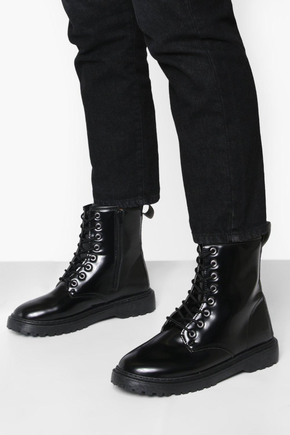 Womens Lace Up Chunky Combat Boots - Black - 5 | Boohoo.com (US & CA)